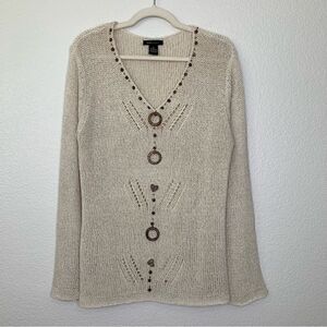 BCBGMaxAzria Cream Open Knit V-neck Sweater